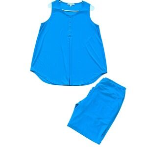Sympli Women Size 16 Blue Sleeveless Tunic Top & Capris Pants Set Made in Canada